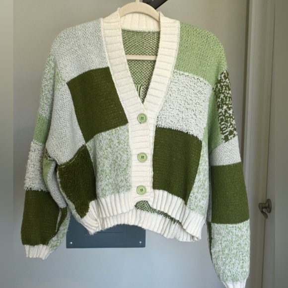 SHEIN Sweaters - SHEIN Olive and Cream Patchwork Cardigan